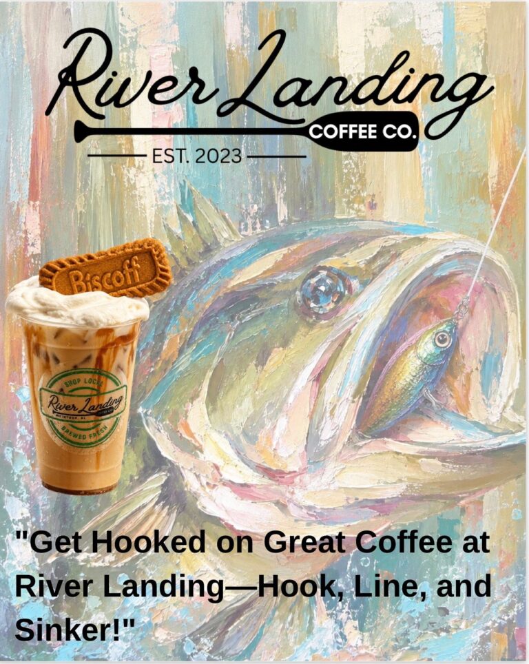 Biscoff iced latte beside a painted bass with the line Get hooked on great coffee