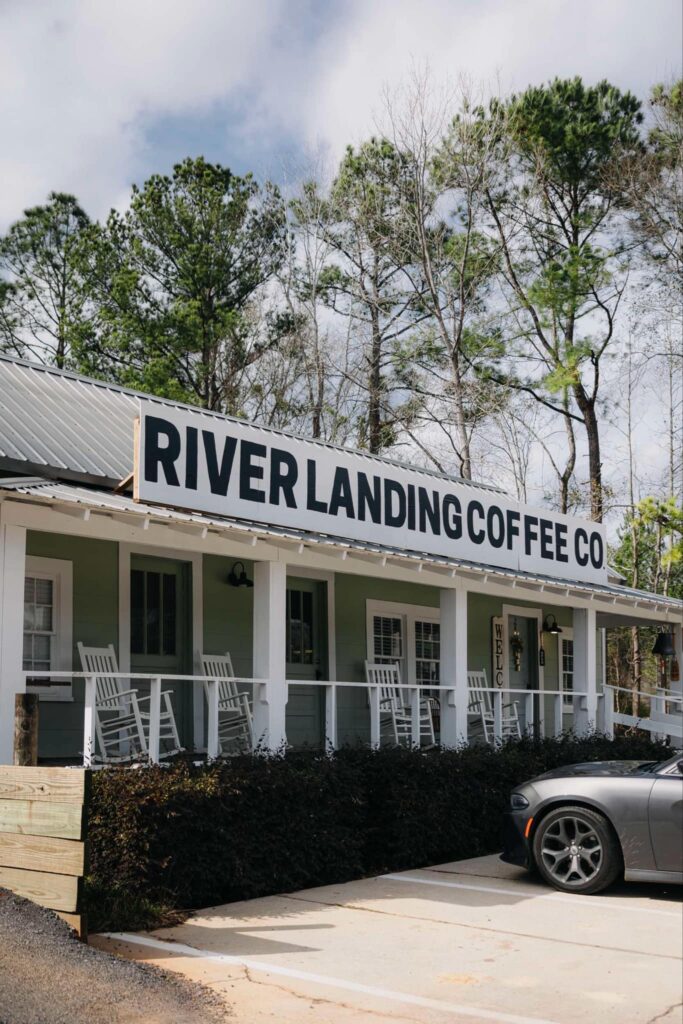 Side view of the River Landing Coffee Co. storefront in McIntosh, Alabama