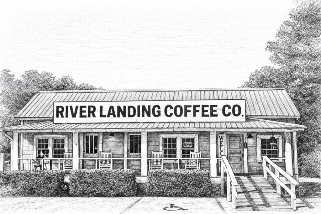 Pencil sketch of the River Landing Coffee Co. storefront